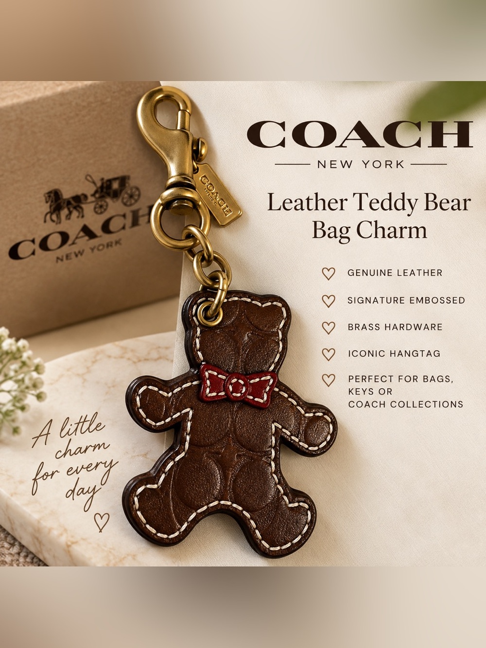 Coach Signature Embossed Leather Teddy Bear Bag Charm Key Fob Brown Red Rare